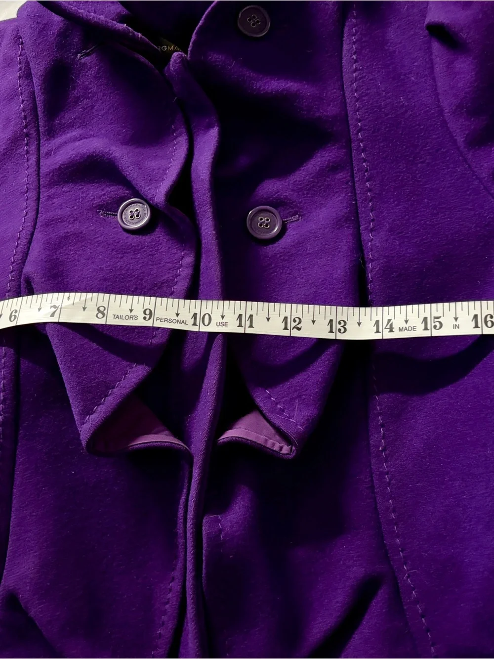 BCBGMaxAzria Purple Structured Ruffle Front Wool-Blend Coat and belted cuffs